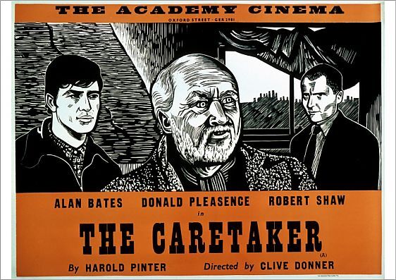 Three men illustrated in linocut format, looking serious, with the words The Caretaker printed below